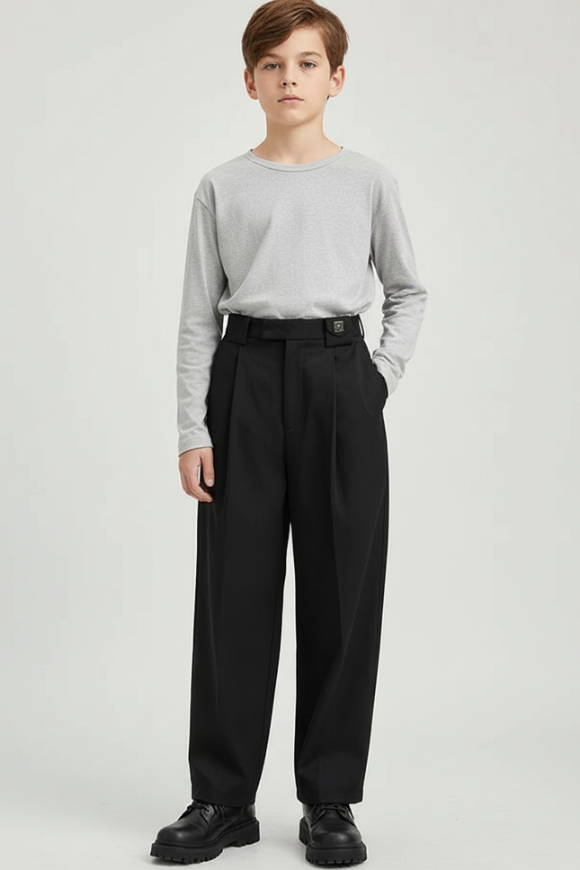 Pantalon Chino Noir Ample Plissé Décontracté Garçon - Gabardine