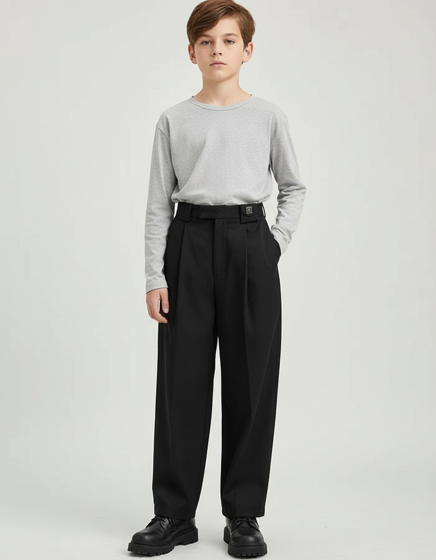 Pantalon Chino Noir Ample Plissé Décontracté Garçon - Gabardine