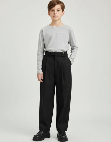 Pantalon Chino Noir Ample Plissé Décontracté Garçon - Gabardine