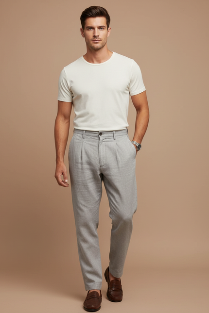 Pantalon Chino Gris Lin Plissé Élégant Homme