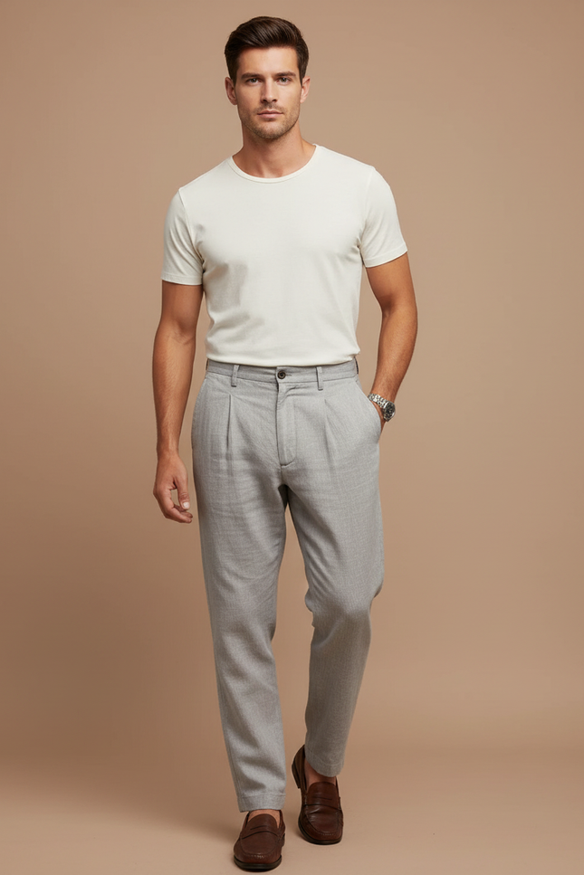 Pantalon Chino Gris Lin Plissé Élégant Homme
