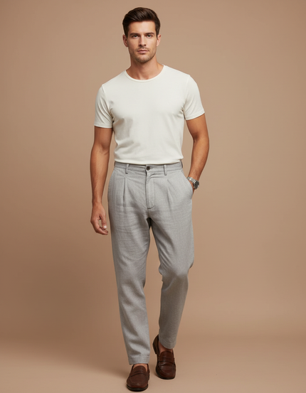 Pantalon Chino Gris Lin Plissé Élégant Homme