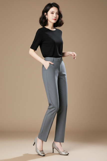 Pantalon Chino Gris Élégant Slim Femme Classique - Gabardine