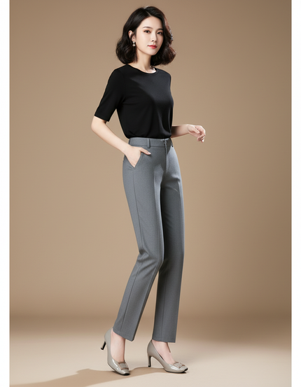 Pantalon Chino Gris Élégant Slim Femme Classique - Gabardine