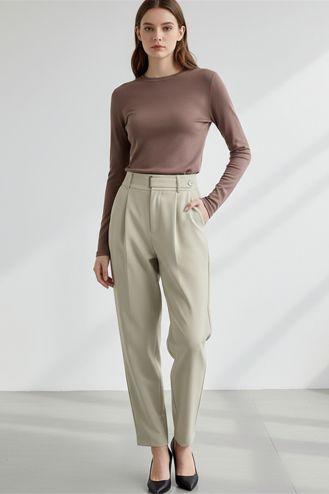 Pantalon Chino Beige Droit Taille Haute Élégant Femme - Polyester