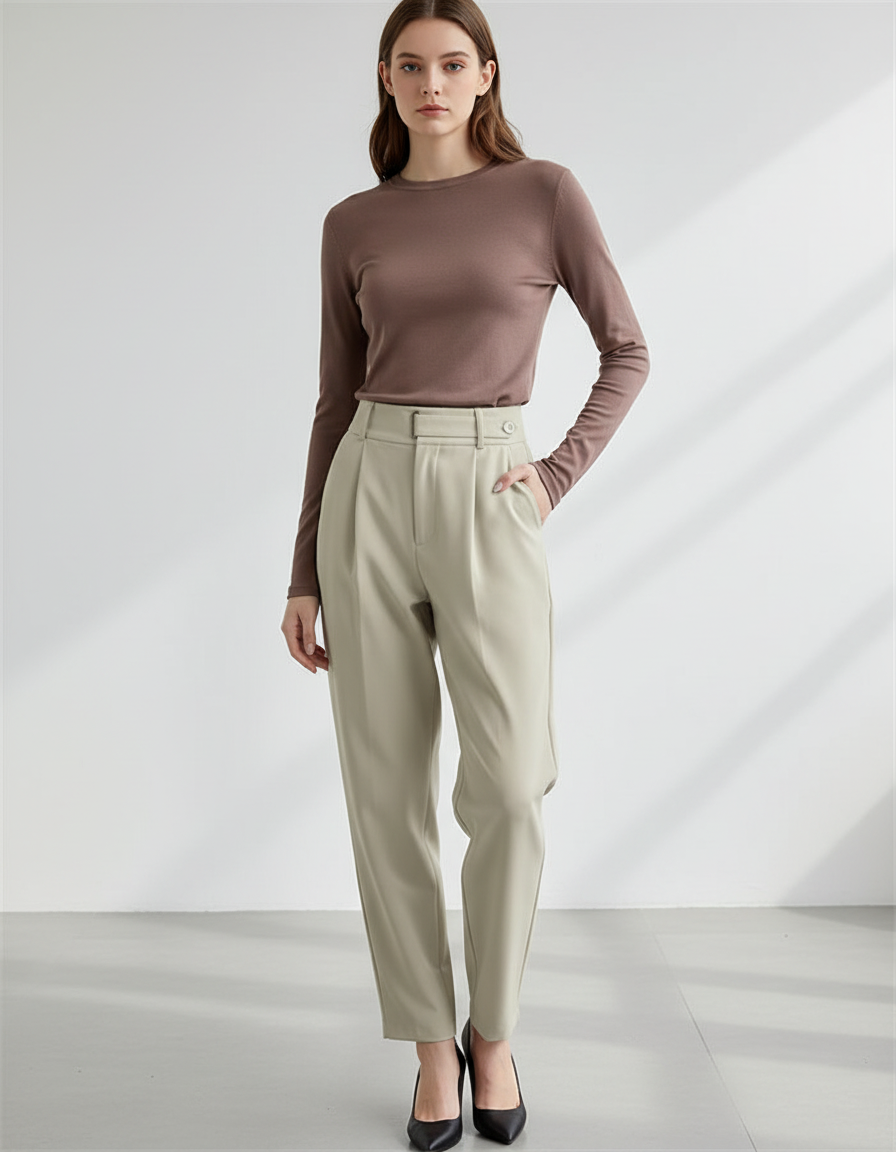 Pantalon Chino Beige Droit Taille Haute Élégant Femme - Polyester