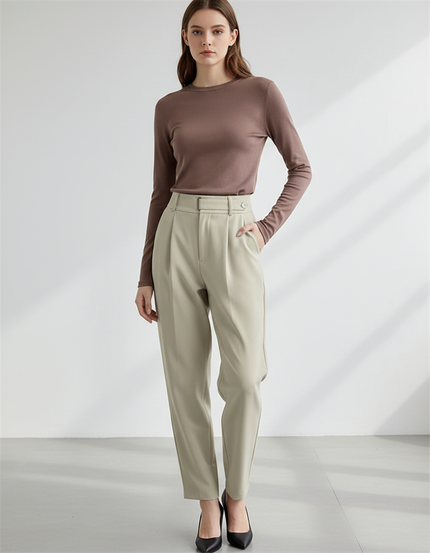 Pantalon Chino Beige Droit Taille Haute Élégant Femme - Polyester