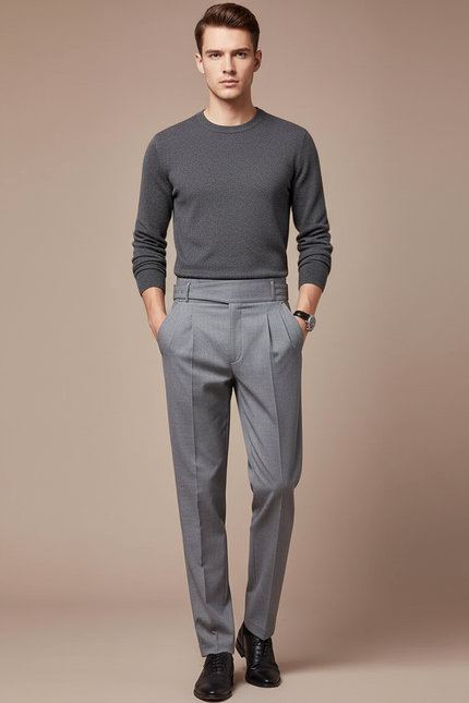Pantalon Chino Gris Plissé Taille Haute Formel Homme - Gabardine