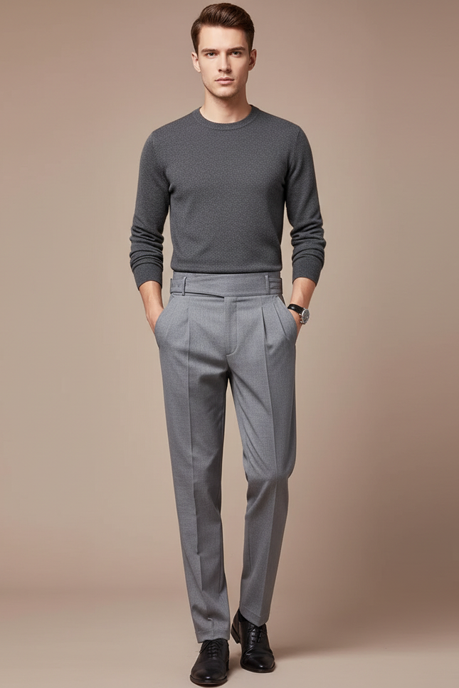 Pantalon Chino Gris Plissé Taille Haute Formel Homme - Gabardine