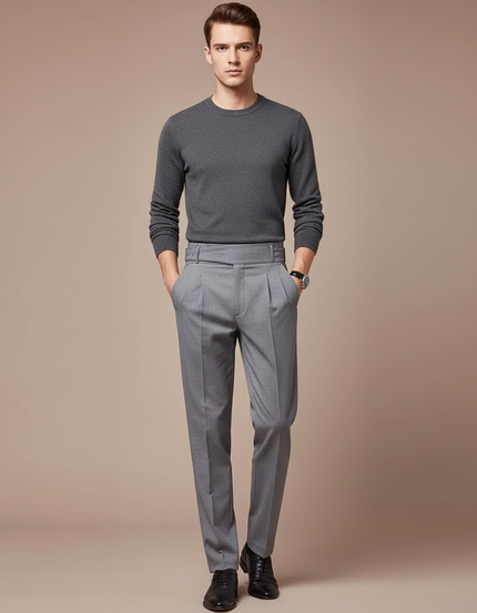 Pantalon Chino Gris Plissé Taille Haute Formel Homme - Gabardine