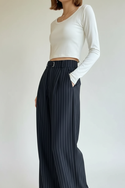 Pantalon Chino Noir Rayé Ample Fluide Élégant - Polyester