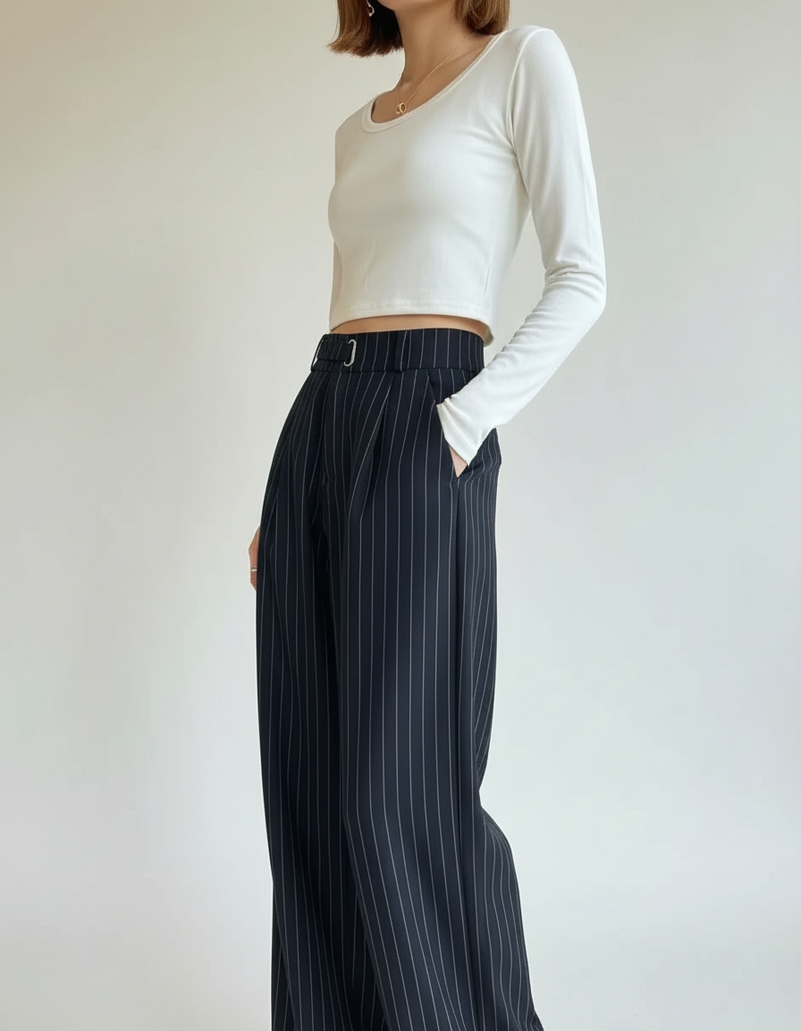 Pantalon Chino Noir Rayé Ample Fluide Élégant - Polyester