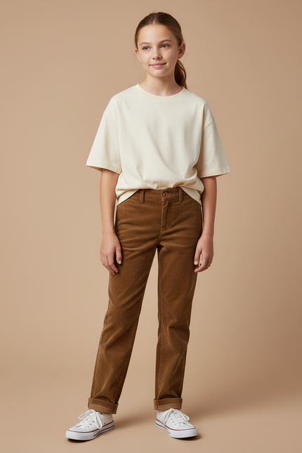 Pantalon Chino Velours Côtelé Marron Droit Enfant - Cordé