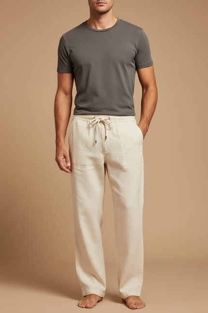 Pantalon Chino Écru Lin Cordon Ample Homme - Beige
