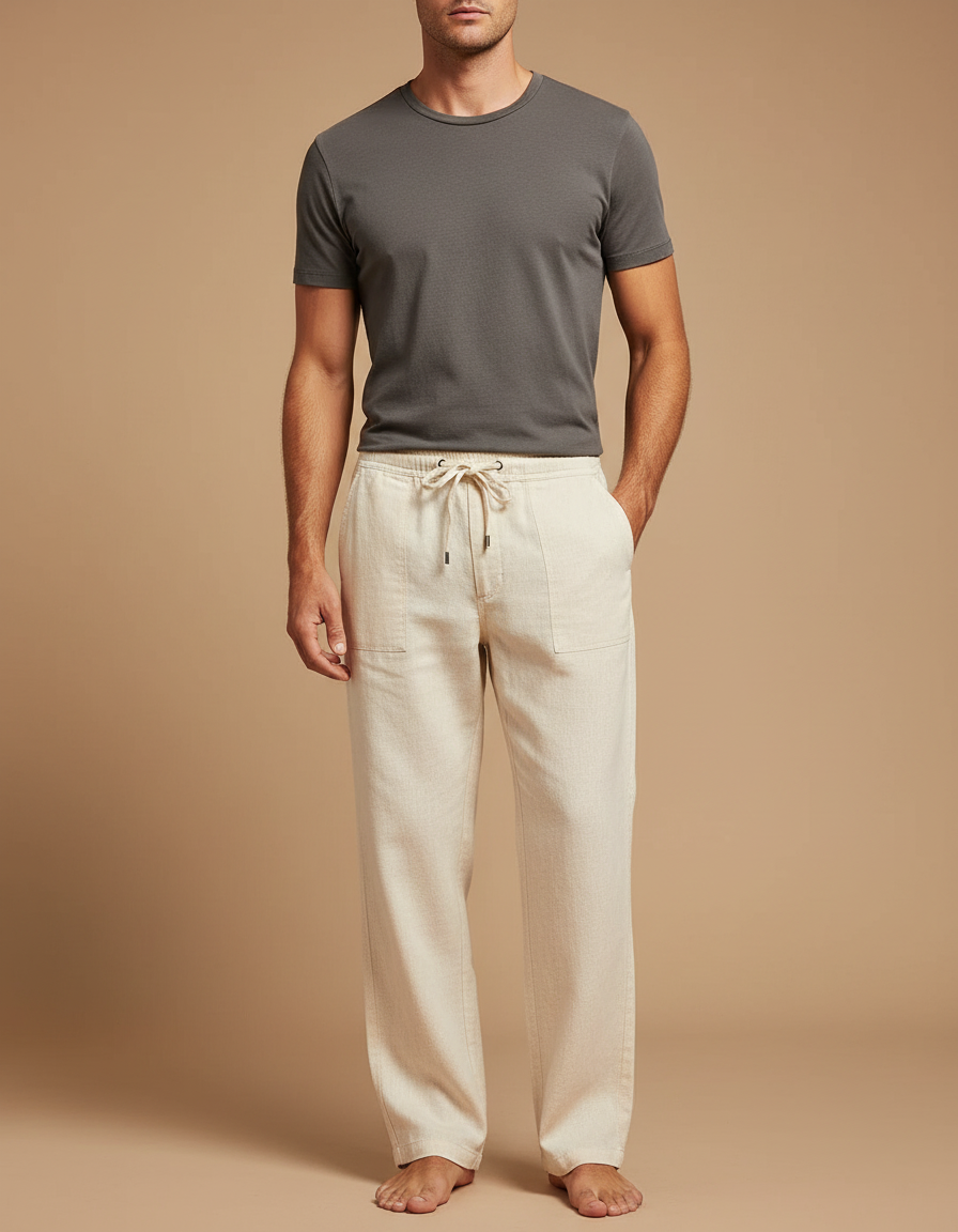 Pantalon Chino Écru Lin Cordon Ample Homme - Beige