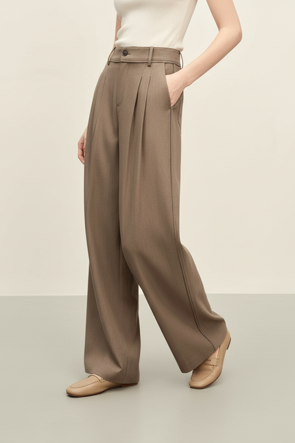 Pantalon Chino Marron Plissé Ample Décontracté - Kaki Gabardine