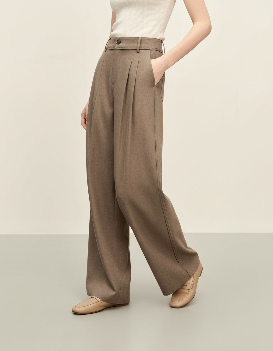 Pantalon Chino Marron Plissé Ample Décontracté - Kaki Gabardine