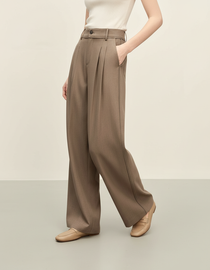 Pantalon Chino Marron Plissé Ample Décontracté - Kaki Gabardine