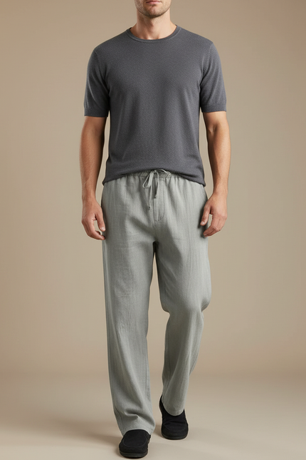 Pantalon Chino Lin Gris Clair Ample Homme Décontracté