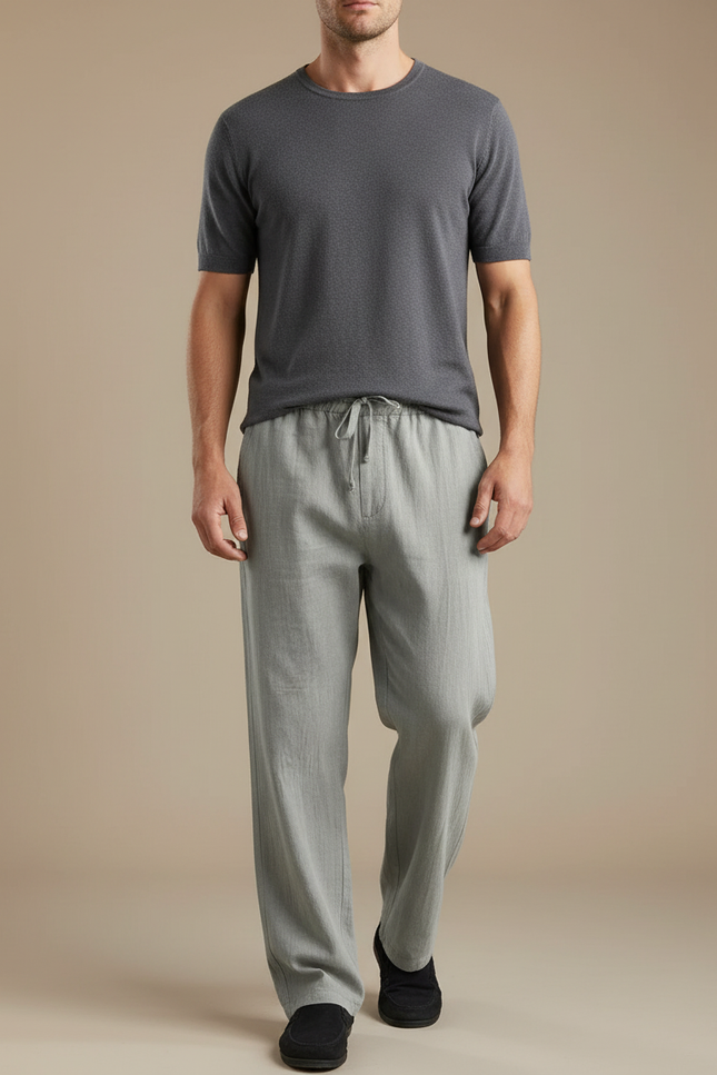 Pantalon Chino Lin Gris Clair Ample Homme Décontracté