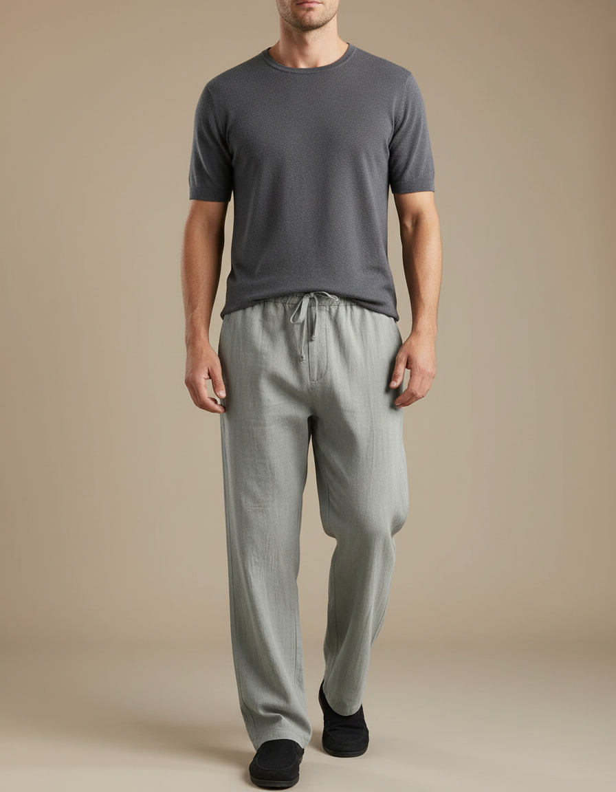 Pantalon Chino Lin Gris Clair Ample Homme Décontracté