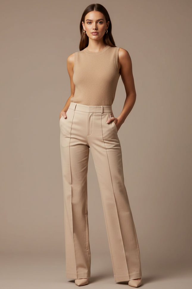 Pantalon Chino Beige Taille Haute Évasé Élégant - Gabardine