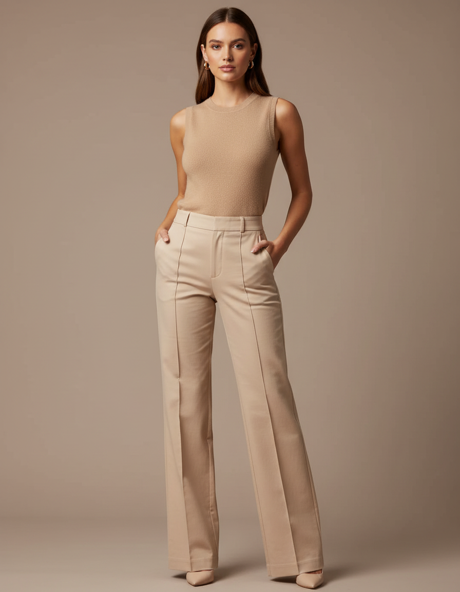 Pantalon Chino Beige Taille Haute Évasé Élégant - Gabardine