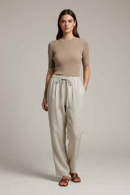 Pantalon Chino Écru Ample Cordon Lin Femme - Beige