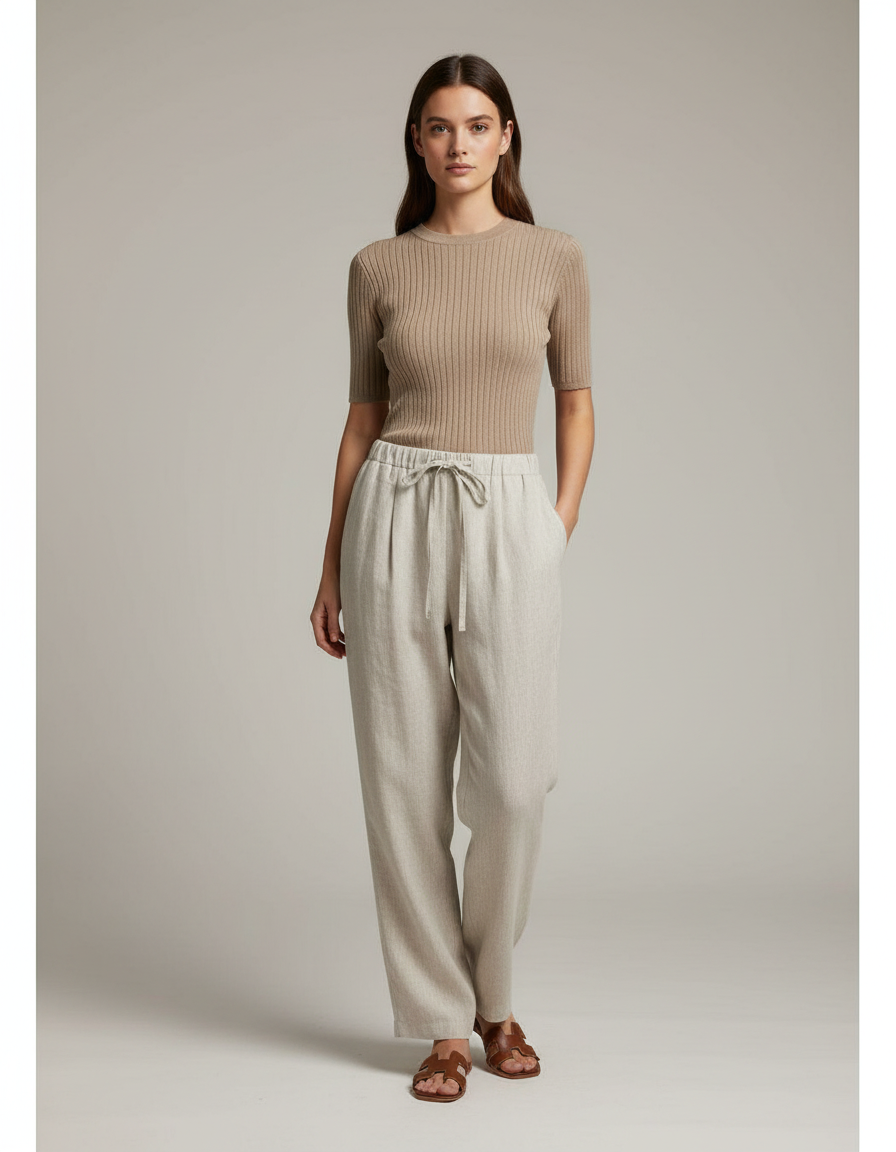 Pantalon Chino Écru Ample Cordon Lin Femme - Beige