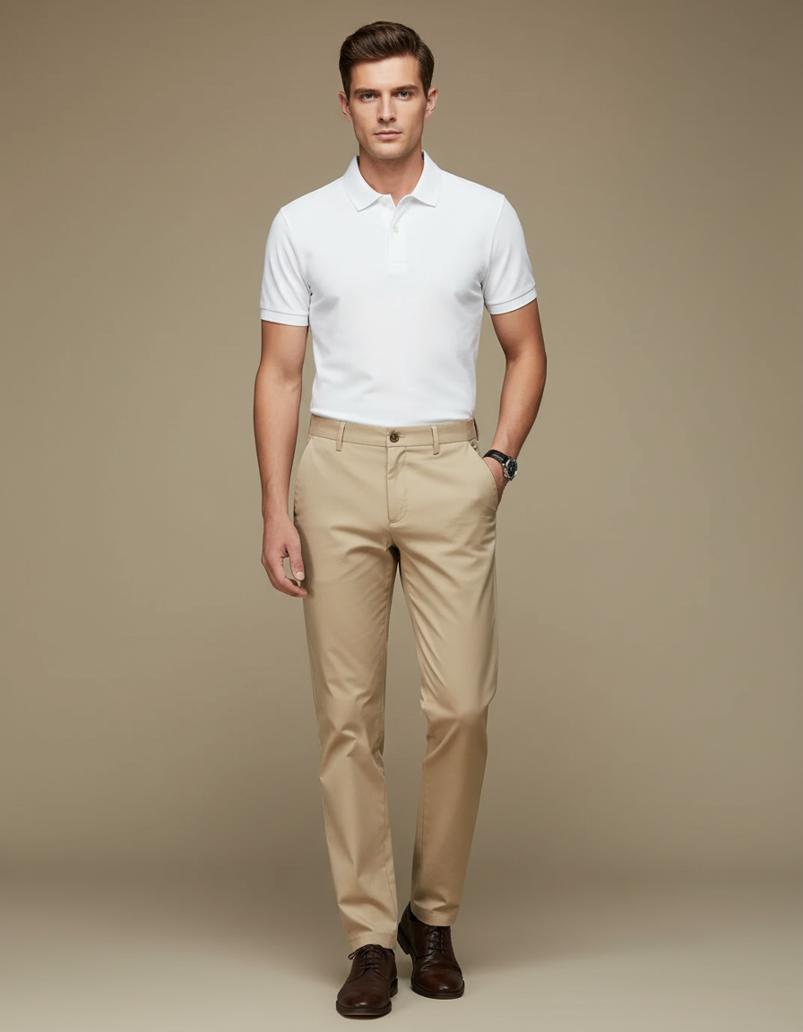 Pantalon Chino Beige Coton Droit Élégant Homme - Gabardine
