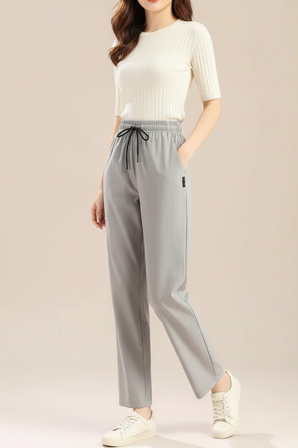 Pantalon Chino Gris Droit Fluide Décontracté Femme - Polyester