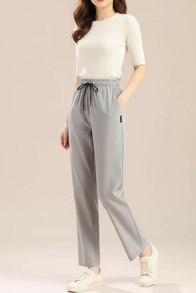 Pantalon Chino Gris Droit Fluide Décontracté Femme - Polyester