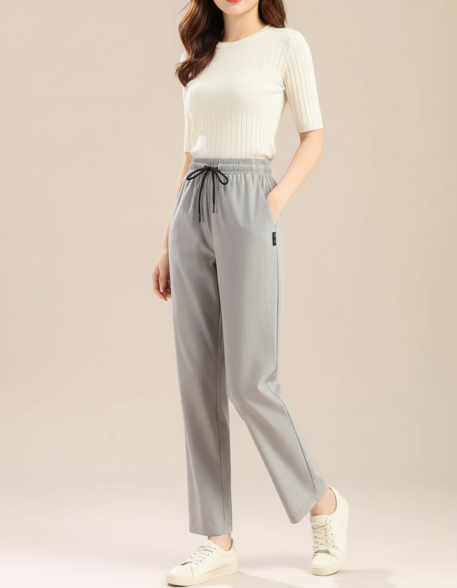 Pantalon Chino Gris Droit Fluide Décontracté Femme - Polyester