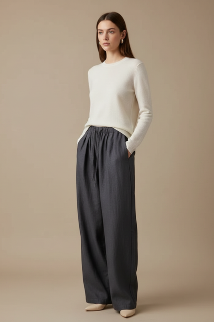 Pantalon Chino Gris Ample Fluide Lin Femme