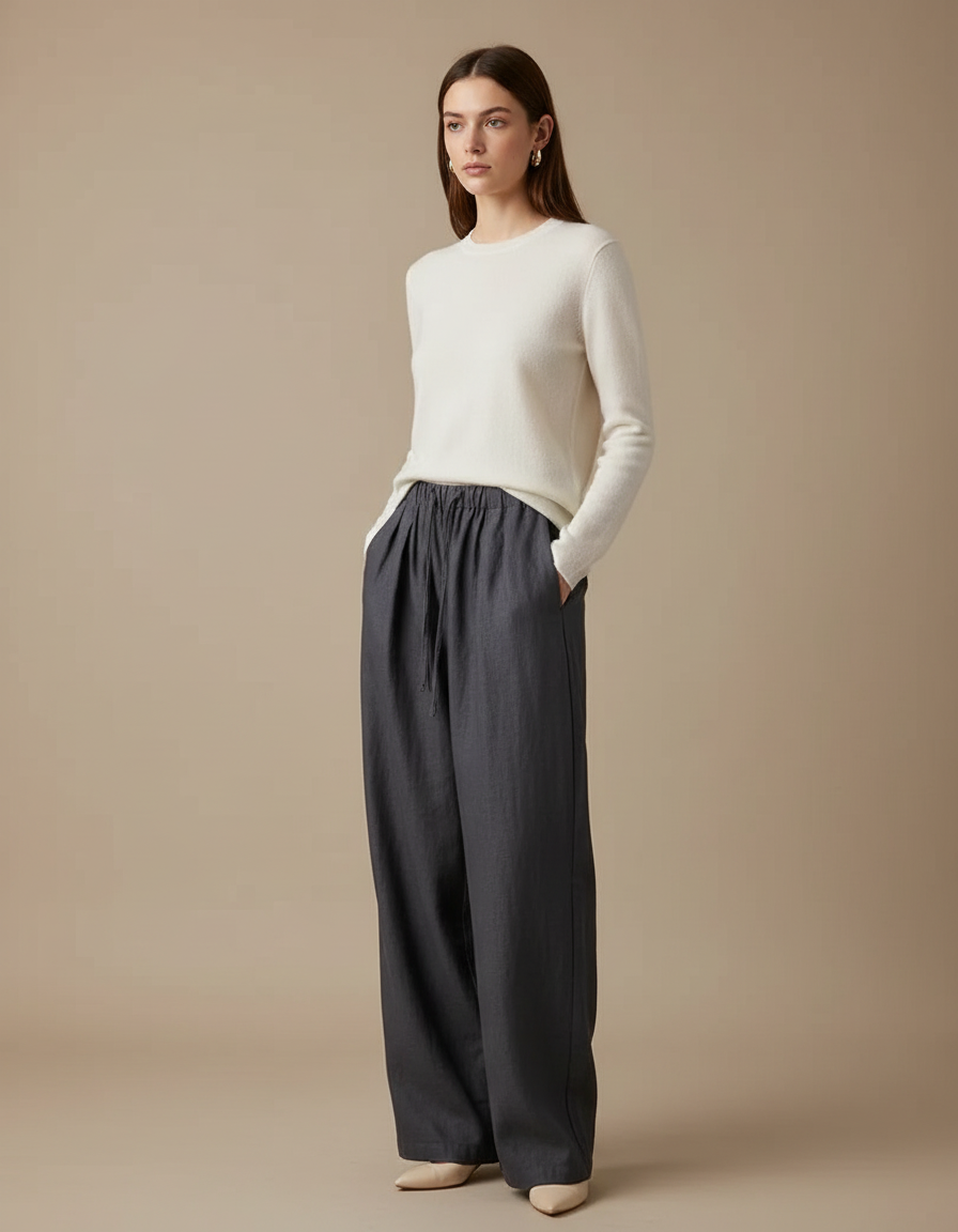 Pantalon Chino Gris Ample Fluide Lin Femme