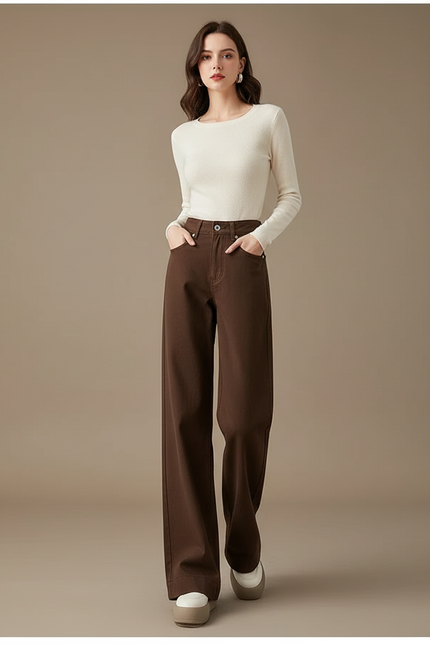 Pantalon Chino Marron Droit Ample Confortable Femme - Gabardine