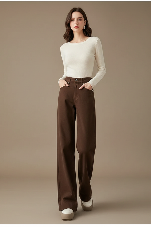 Pantalon Chino Marron Droit Ample Confortable Femme - Gabardine