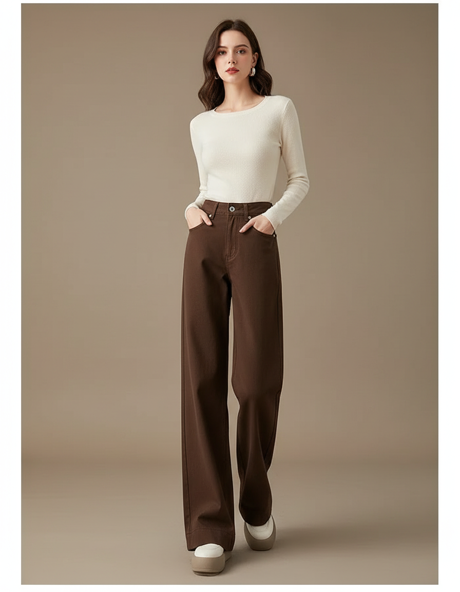 Pantalon Chino Marron Droit Ample Confortable Femme - Gabardine