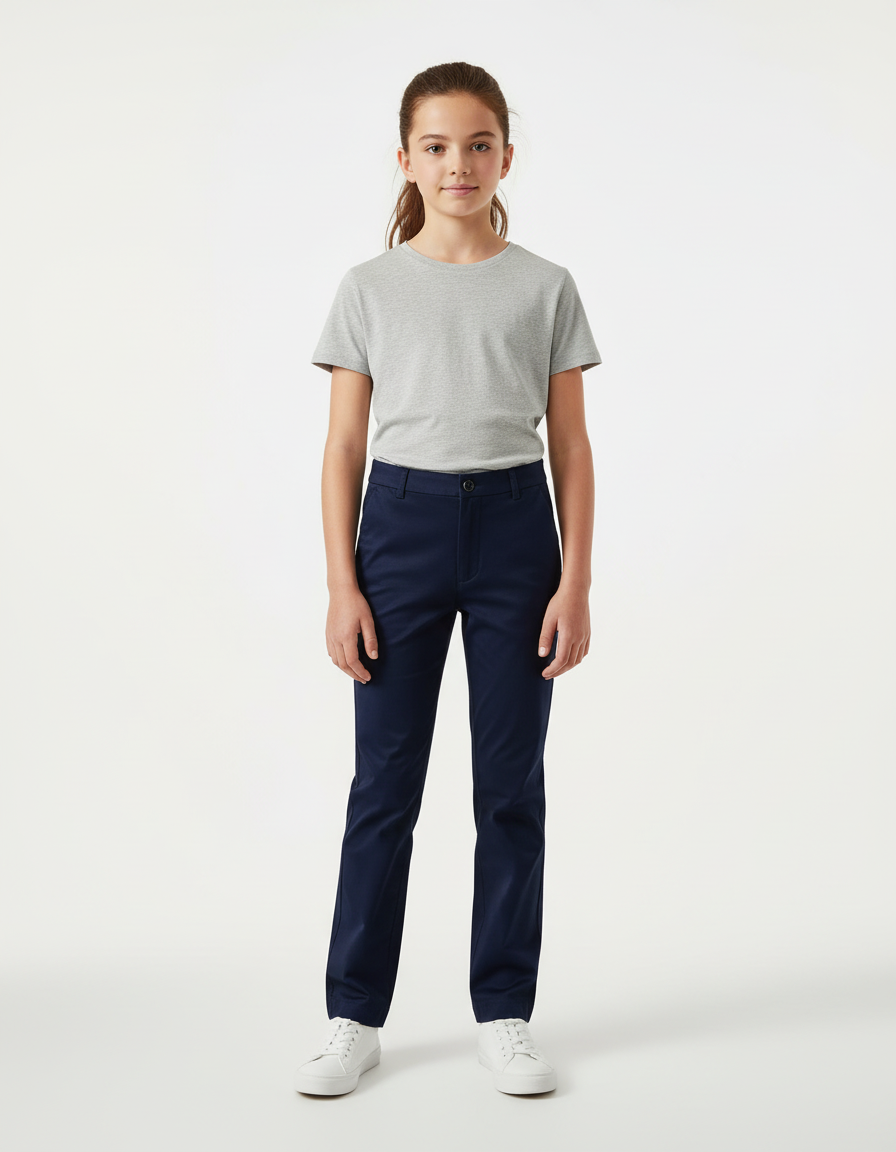 Pantalon Chino Bleu Marine Coton Droit Classique Fille