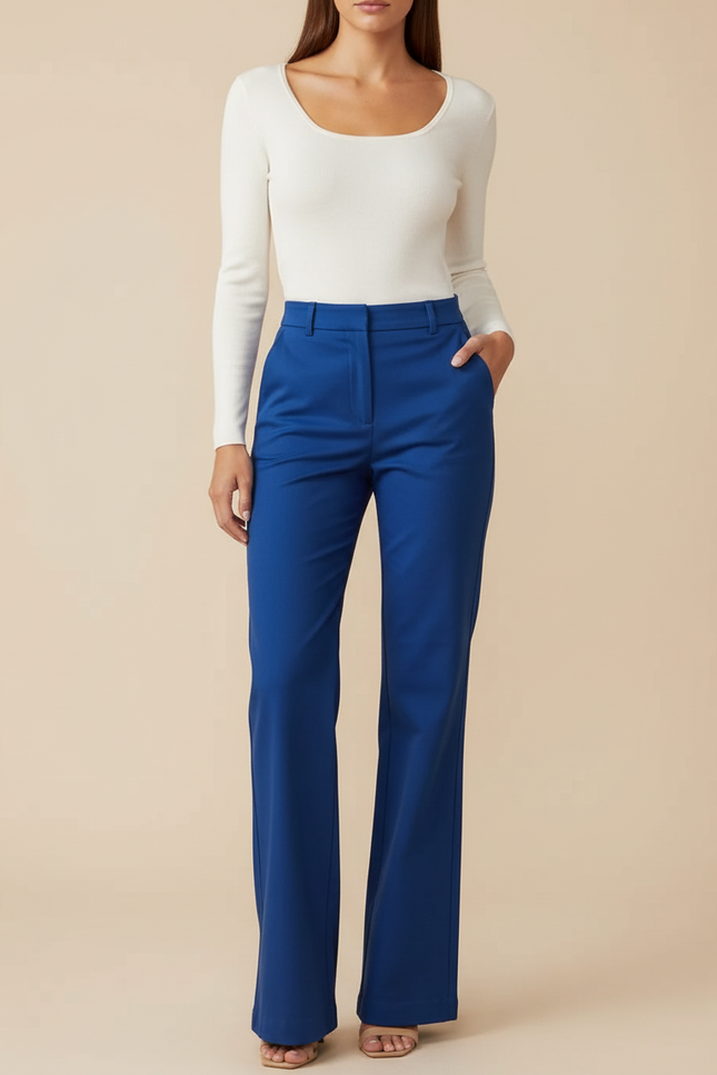 Pantalon Chino Bleu Royal Évasé Taille Haute Femme - Gabardine