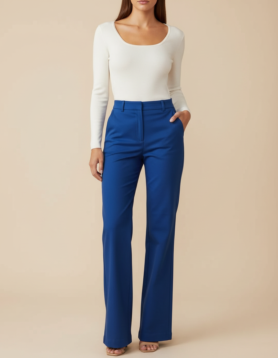 Pantalon Chino Bleu Royal Évasé Taille Haute Femme - Gabardine