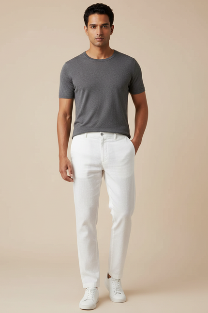 Pantalon Chino Blanc Lin Coton Droit Décontracté