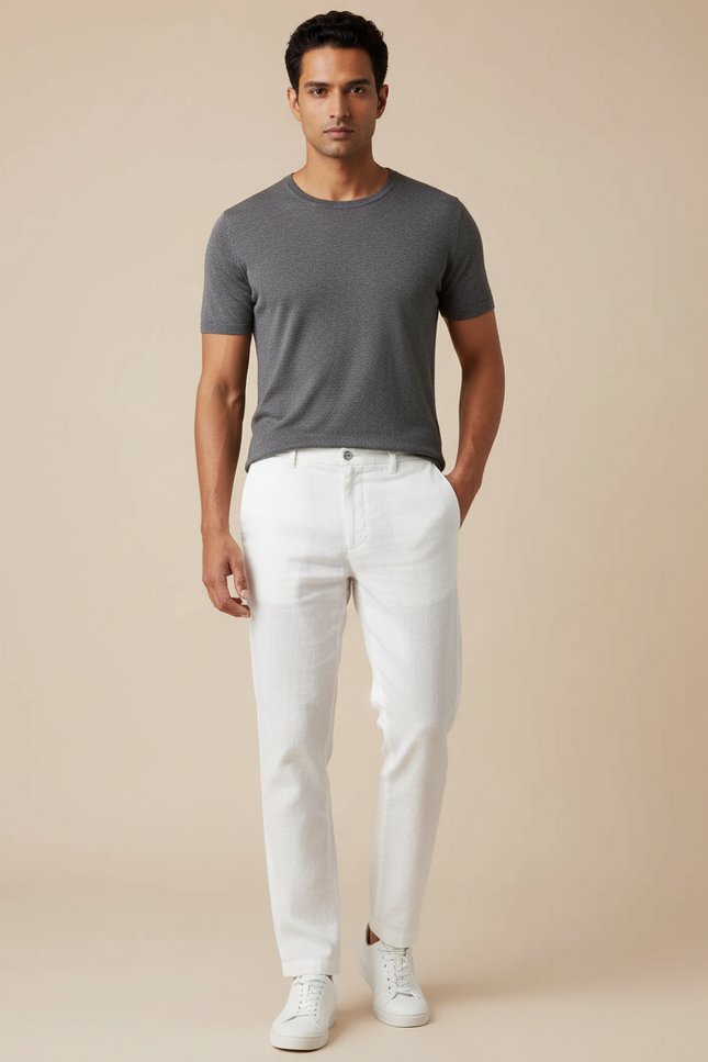 Pantalon Chino Blanc Lin Coton Droit Décontracté