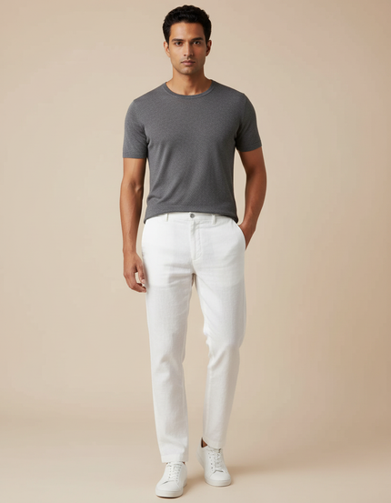 Pantalon Chino Blanc Lin Coton Droit Décontracté