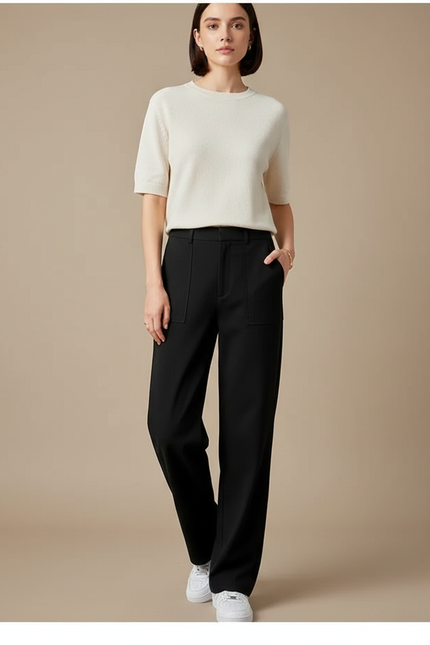 Pantalon Chino Femme Noir Coupe Ample - Gabardine