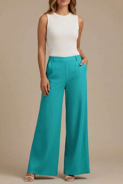 Pantalon Chino Turquoise Ample Texturé Femme Élégant - Bleu Polyester