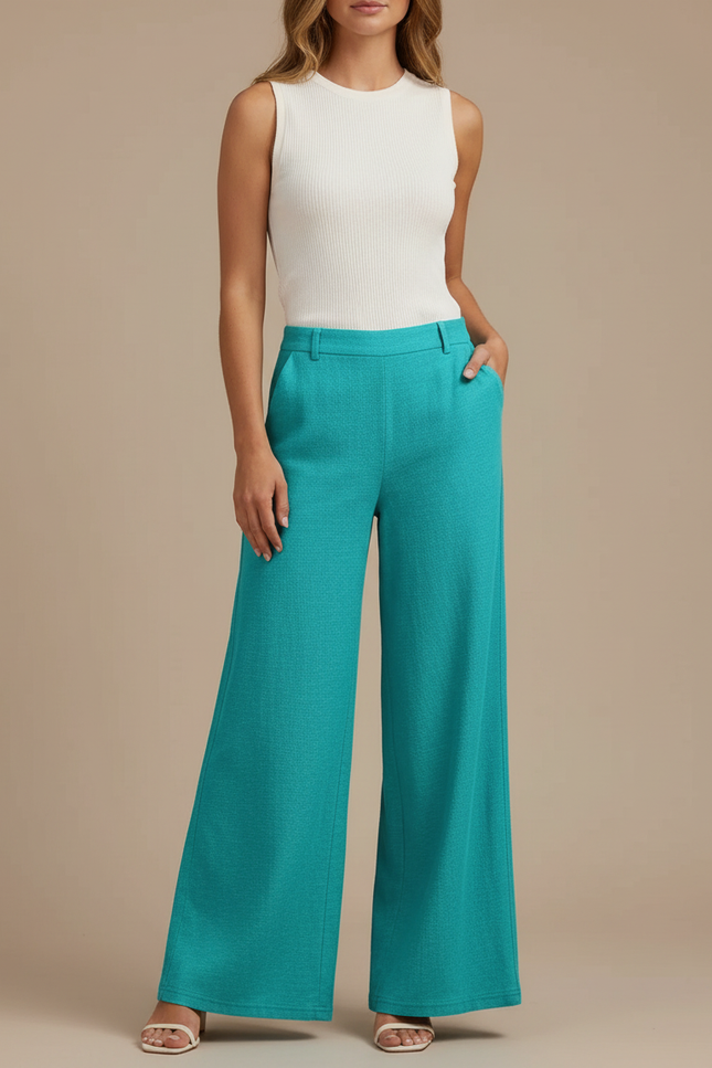 Pantalon Chino Turquoise Ample Texturé Femme Élégant - Bleu Polyester
