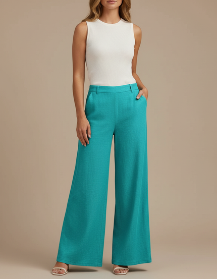 Pantalon Chino Turquoise Ample Texturé Femme Élégant - Bleu Polyester