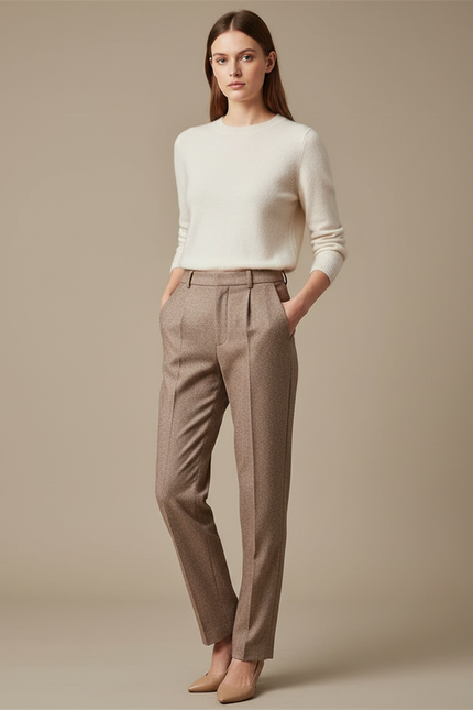 Pantalon Chino Marron Droit Élégant Texturé Femme - Tweed