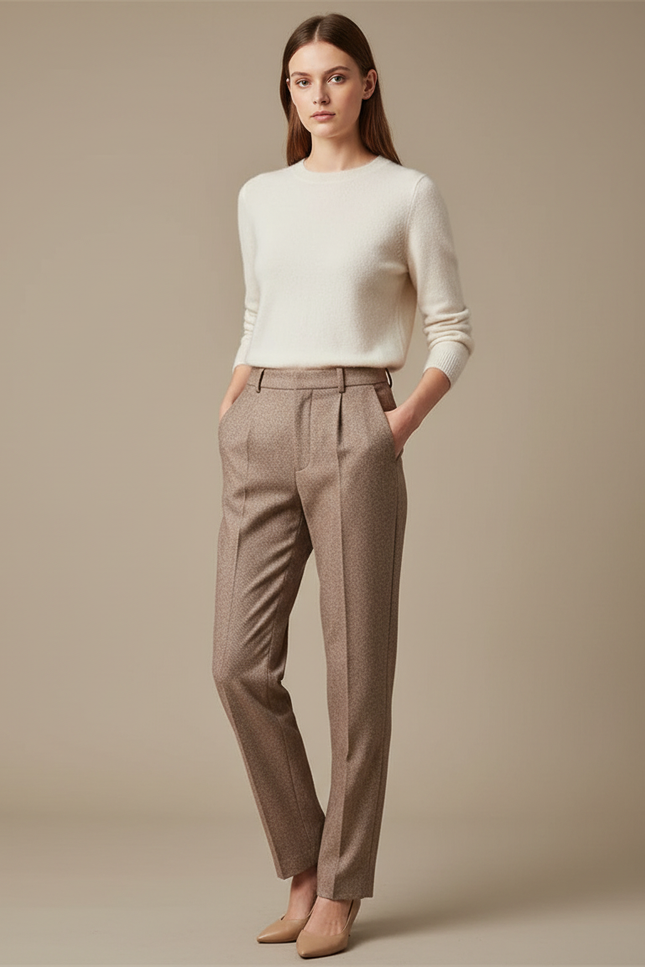 Pantalon Chino Marron Droit Élégant Texturé Femme - Tweed